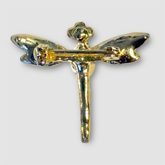 Vintage Rhinestone Dragonfly Brooch Pin Gold Tone Red Eyes Crystal Wings - Picture 4 of 6